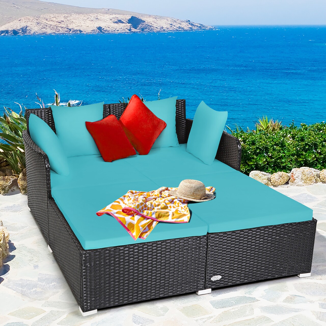 Costway Outdoor Patio Rattan Daybed Pillows Cushioned Sofa Furniture Beige/Turquoise/Red/Black